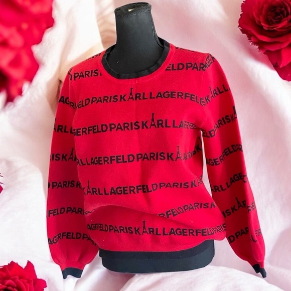 KARL LAGERFIELD PARIS ALLOVER PRINT CREWNECK SWEATER  Red Black Medium - Picture 8 of 11